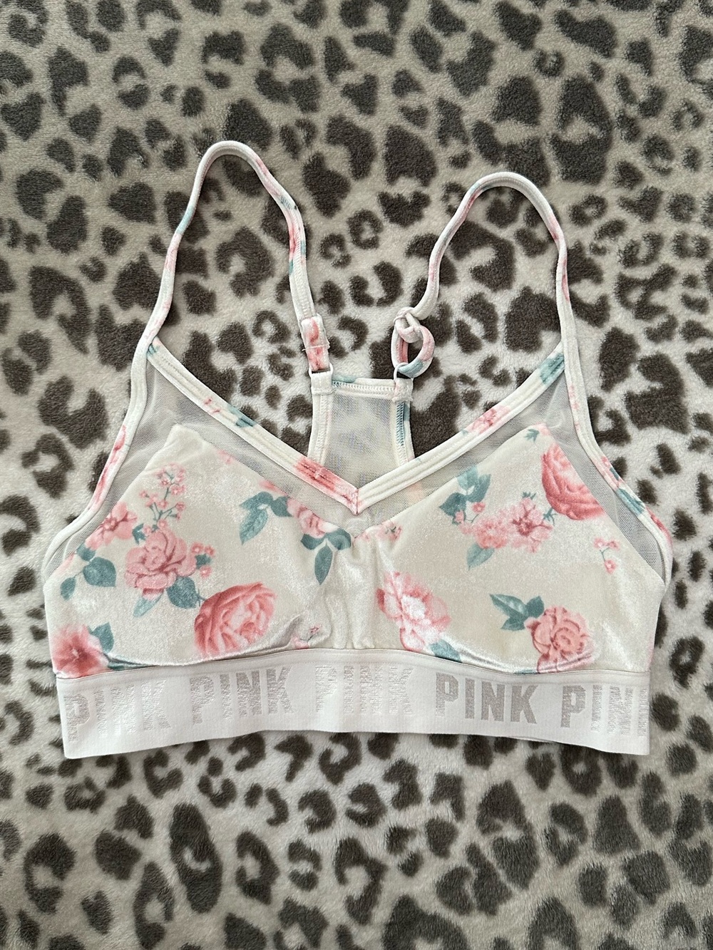 PINK Sport Victoria’s Secret Velvet Ultimately Lightly Lined Bra Cream Floral S
